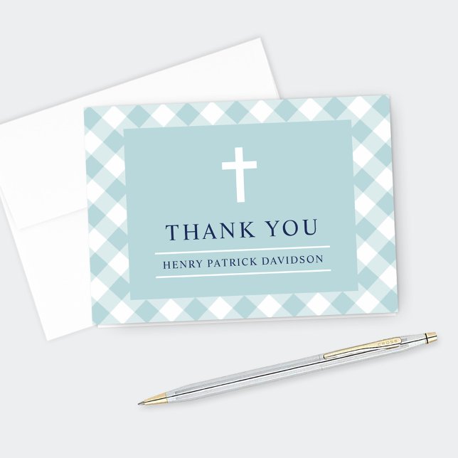 Aqua Gingham Plaid First Communion Boy Thank You Card (Creator Uploaded)