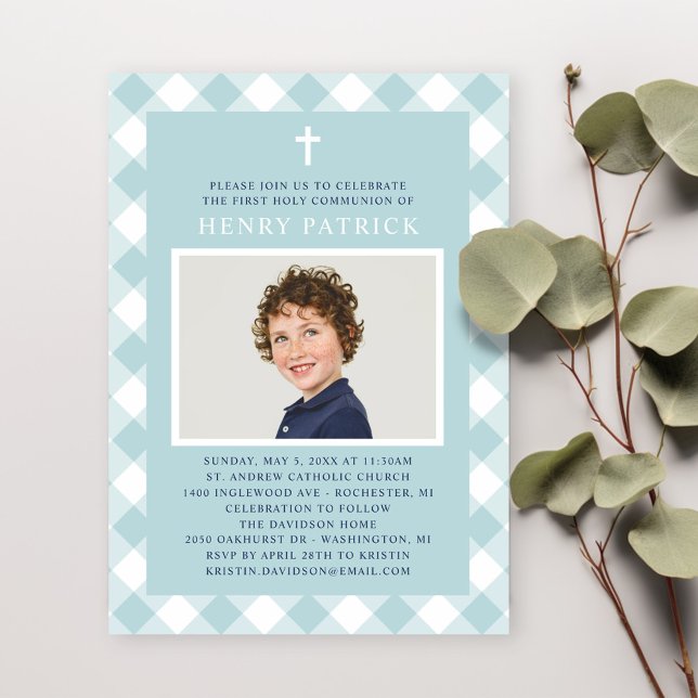Aqua Gingham Plaid First Communion for Boy Photo Invitation (Creator Uploaded)