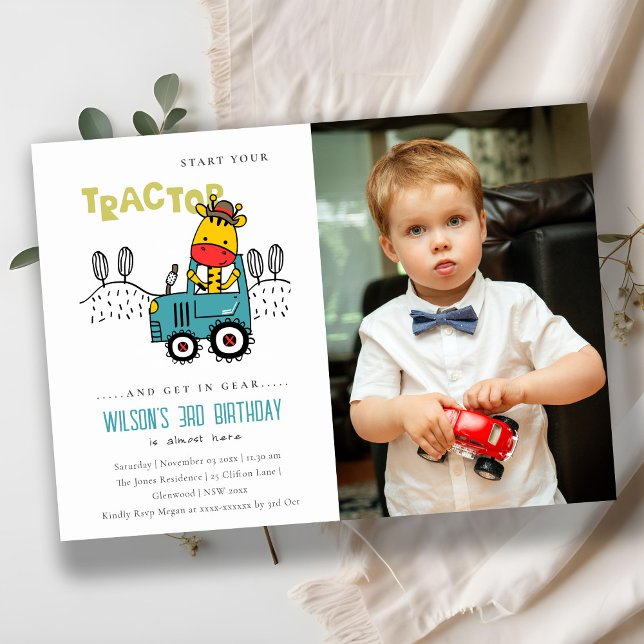 Aqua Giraffe In Farm Tractor Boys Photo Birthday Invitation (Creator Uploaded)