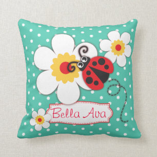 Aqua girls ladybug name flower polka dot pillow