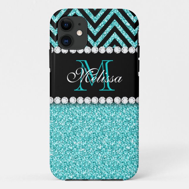 AQUA GLITTER BLACK CHEVRON MONOGRAM Case-Mate iPhone CASE (Back)