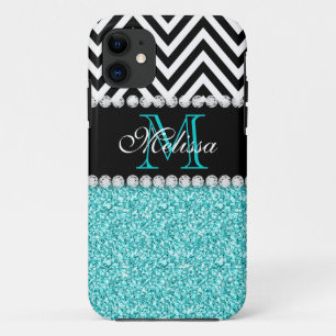 AQUA GLITTER BLACK CHEVRON MONOGRAMMED iPhone 11 CASE