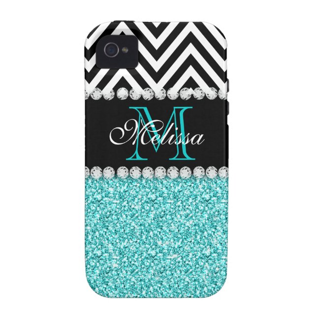 AQUA GLITTER BLACK CHEVRON MONOGRAMMED Case-Mate iPhone CASE (Back)