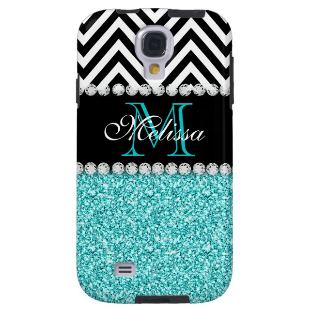 AQUA GLITTER BLACK CHEVRON MONOGRAMMED Case-Mate SAMSUNG GALAXY CASE (Back)
