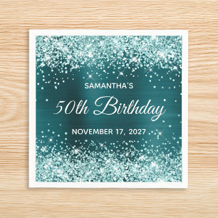 Aqua Glitter Dark Teal Blue Foil 50th Birthday Napkin