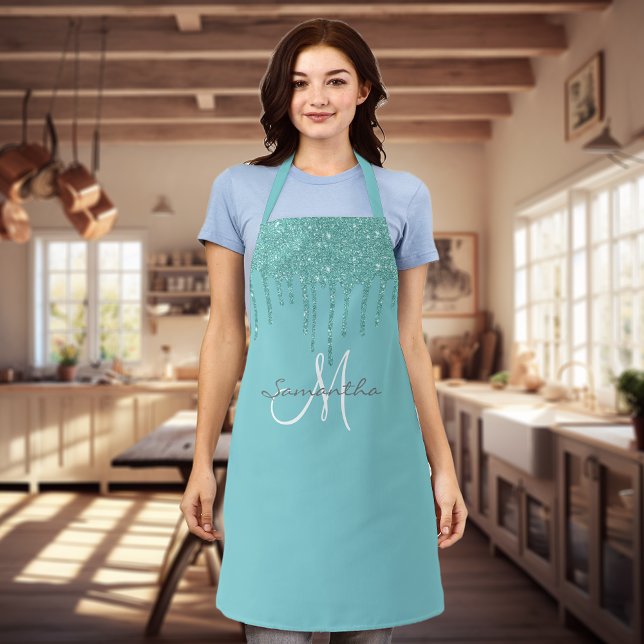 Aqua Glitter Drips Metallic Pink Personalised Apron (Creator Uploaded)