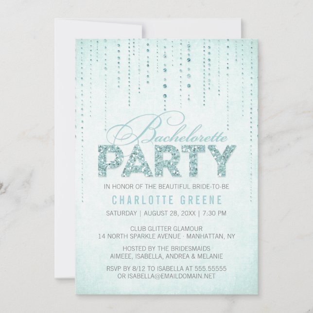 Aqua Glitter Look Bachelorette Party Invitation (Front)