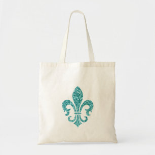 Aqua Glitter Look Fleur de Lis Tote Bag