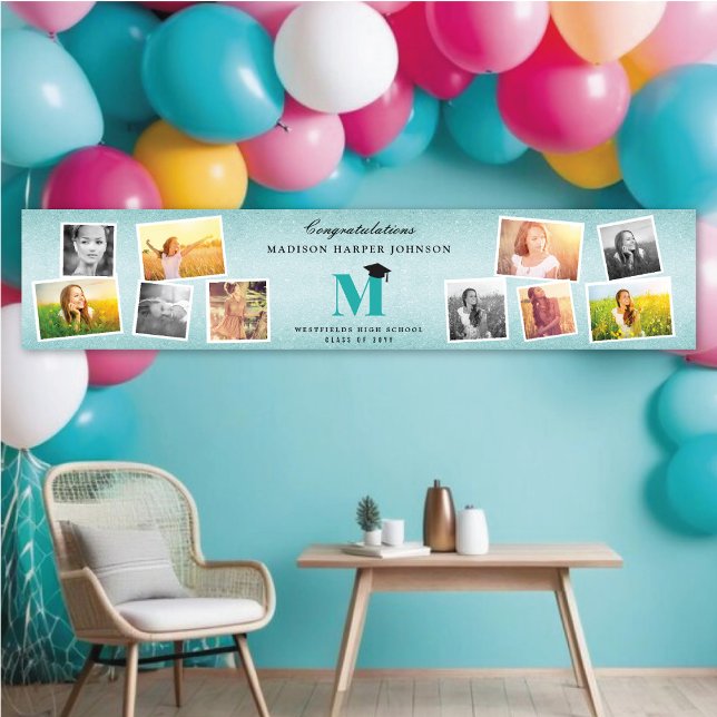 Aqua Glitter Monogram 10 Photo Graduation Party Banner (Aqua Glitter Name Monogram Stylish 10 Photo Graduation Party Banner @ www.zazzle.com/color_therapy)
