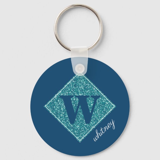 Aqua Glitter Monogram Button Keychain (Front)