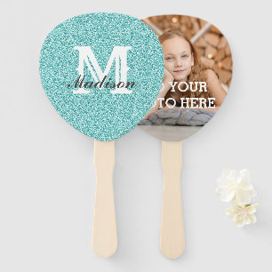 Aqua Glitter Monogram Hand Fan