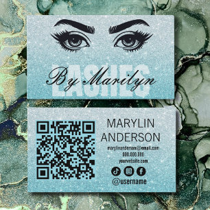 Aqua Glitter Ombre Lash Tech QR Code Scannable Business Card