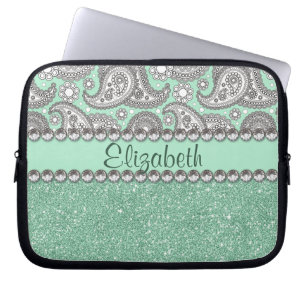 Aqua Glitter Paisley Rhinestone Print Pattern Laptop Sleeve