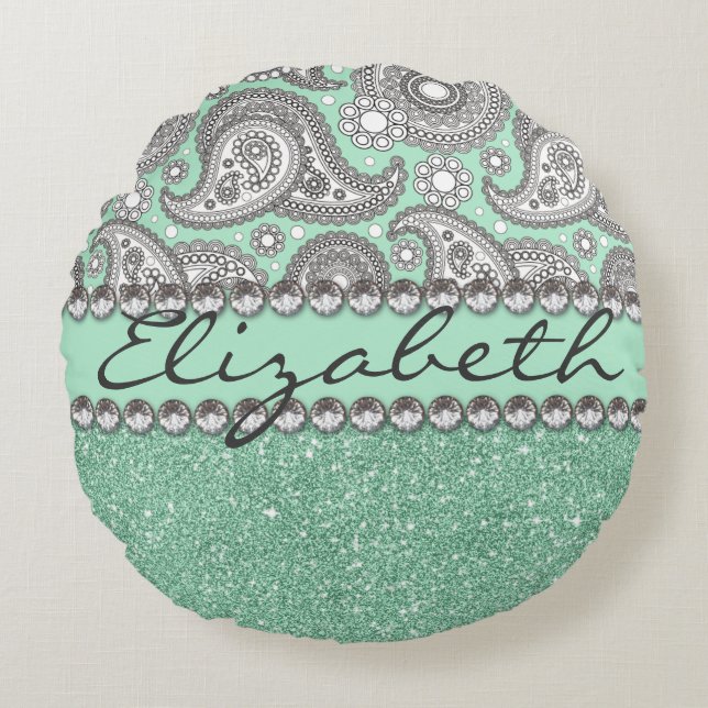 Aqua Glitter Paisley Rhinestone Print Pattern Round Cushion (Front)