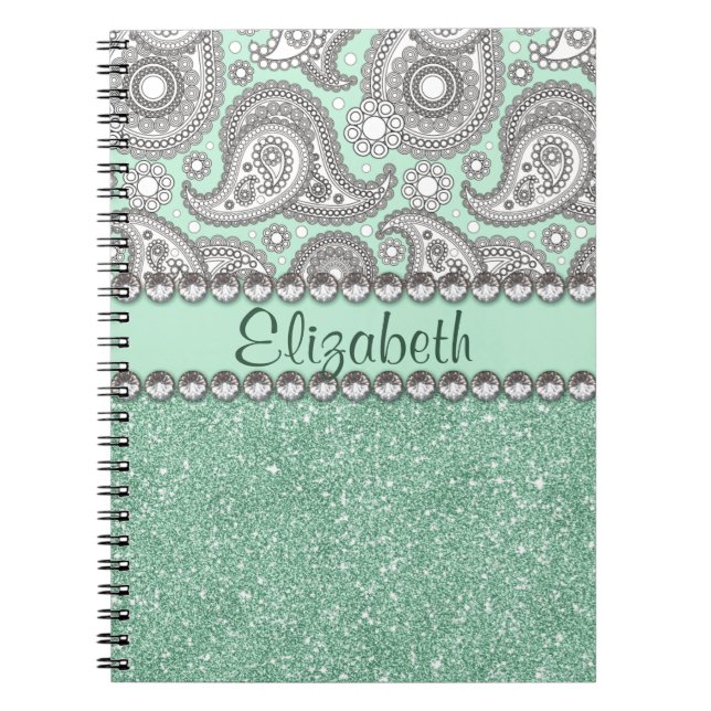 Aqua Glitter Paisley Rhinestone Print Pattern Spiral Notebook (Front)