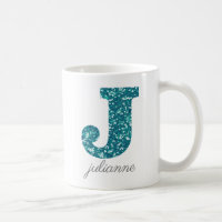 Aqua Glitter Pattern Letter J name Mug