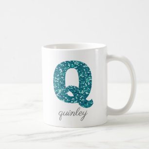 Aqua Glitter Pattern Letter Q name Mug