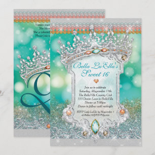 Aqua Glitter Tiara Sweet 16 Invitation 