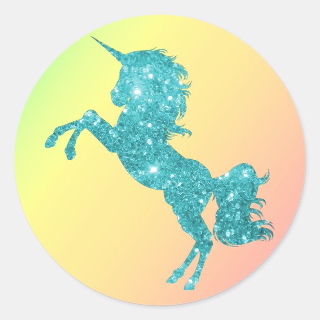 Aqua Glitter Unicorn Classic Round Sticker (Front)