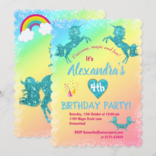 Aqua Glitter Unicorns Birthday Invitation (Front/Back)