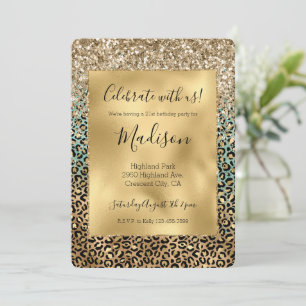  Aqua Glitz Gold Leopard Print Glitter    Invitation