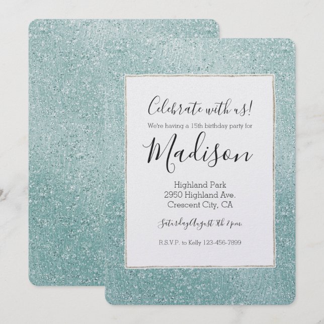 Aqua Glitzy Ombre Invitation (Front/Back)