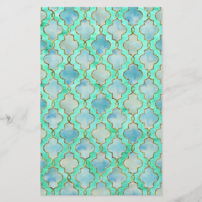 Aqua gold and Green Maroccan pattern Stationery (Front)