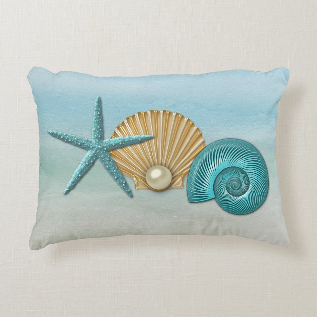 Aqua & Gold Assorted Seashells Beach Decorative Cushion (Front)