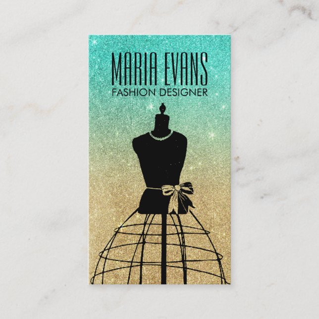 Aqua gold black mannequin glitter fashion business card (Front)
