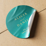 Aqua gold blue summer ocean destination wedding classic round sticker<br><div class="desc">Whimsical modern sea ocean beach wedding invitation envelope seal or favour packaging round sticker in blue teal with starfish and faux gold sand typography script. Perfect choice for a modern beach,  seaside,  oceanfront,  coastal,  tropical,  nautical,  cruise,  or island destination-themed wedding.</div>