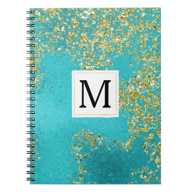 Aqua Gold Faux Sparkly Glitter Monogram Notebook (Front)