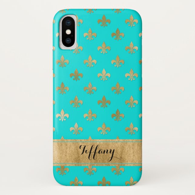 Aqua, Gold fleur-de-lis Case-Mate iPhone X Case (Back)