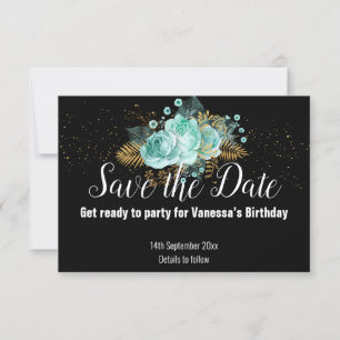 AQUA GOLD FLORAL BOUQUET ALL BLACK SAVE THE DATE RSVP CARD