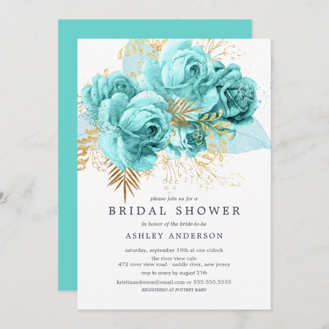 Aqua & Gold Floral Bridal Shower Invitation (Front/Back)