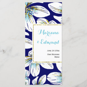 Aqua, gold foil floral navy blue wedding menu card