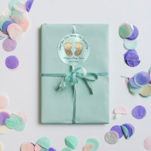 Aqua Gold Glitter Feet Baby Shower Favour Thank Classic Round Sticker