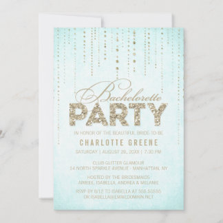 Aqua & Gold Glitter Look Bachelorette Party Invitation