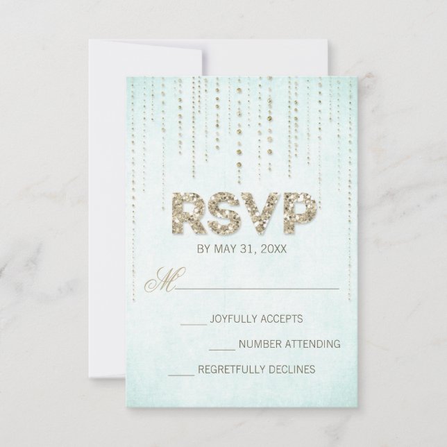 Aqua & Gold Glitter Look Wedding RSVP Card (Front)