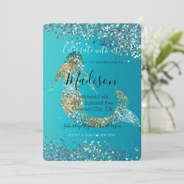 Aqua Gold Glitter Sparkle Mermaid Invitation (Standing Front)