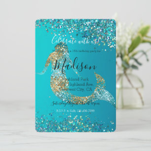 Aqua Gold Glitter Sparkle Mermaid Invitation