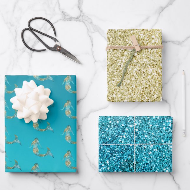 Aqua Gold Glitter Sparkle Mermaid      Wrapping Paper Sheet (Front)