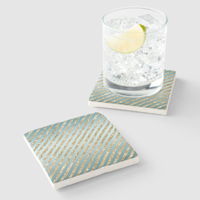 Aqua Gold Glitter Stripes Stone Coaster (Side)