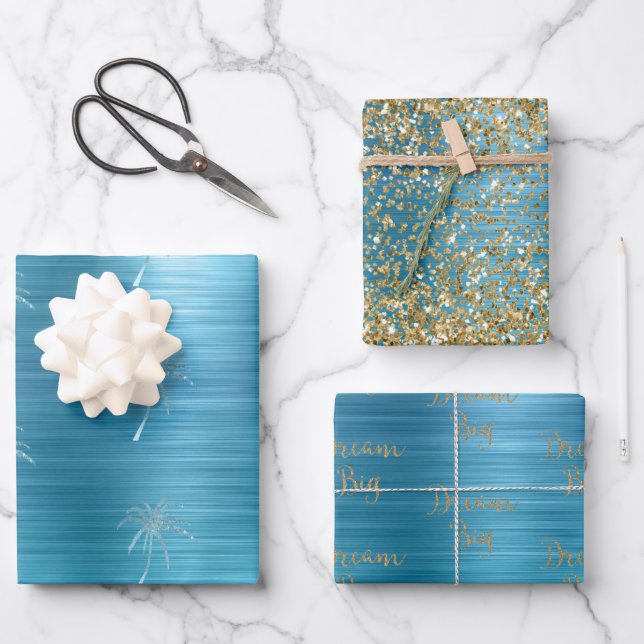 Aqua Gold Glitz Glitter Tropical Palm Tree Dream  Wrapping Paper Sheet (Front)
