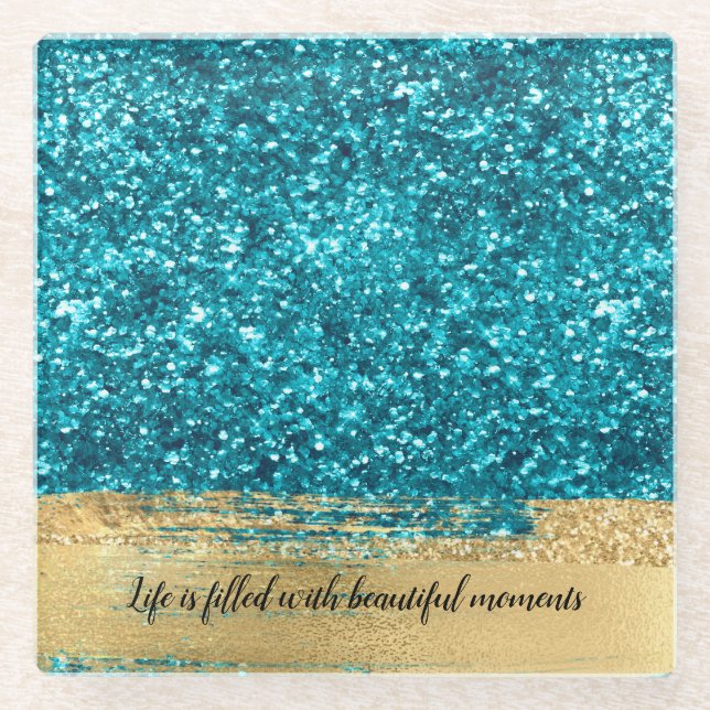Aqua Gold Glitzy Glitter    Glass Coaster (Front)