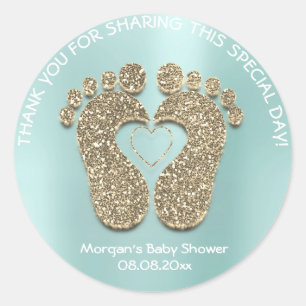 Aqua Gold Heart Feet Baby Shower Favour Thank You Classic Round Sticker