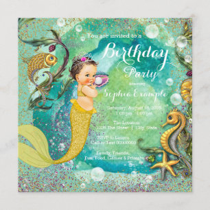Aqua Gold Little Mermaid Under Sea Birthday Party Invitation
