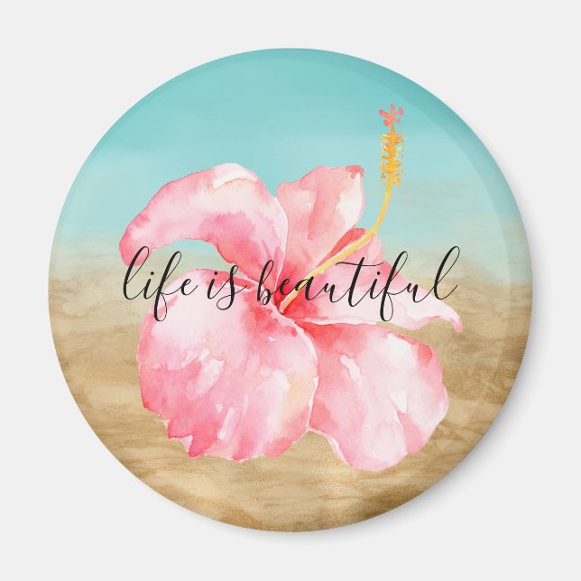 Aqua Gold Marble Pink Watercolor Hibiscus Flower Magnet (Front)