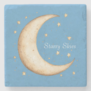 Aqua Gold Moon Stars Skies Stone Coaster