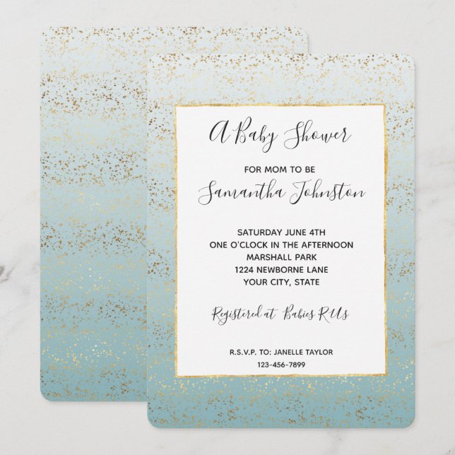 Aqua Gold Ombre Confetti Glam Baby Shower Invitation (Front/Back)