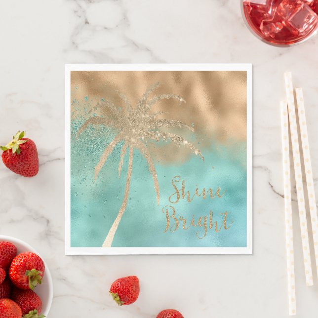 Aqua Gold Palm Tree Shine Bright Glitter        Napkin (Insitu)